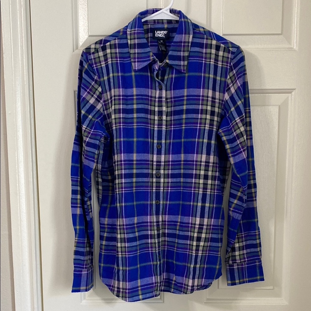 Lands' End womens flannel plaid long sleeve collared button up womens top
